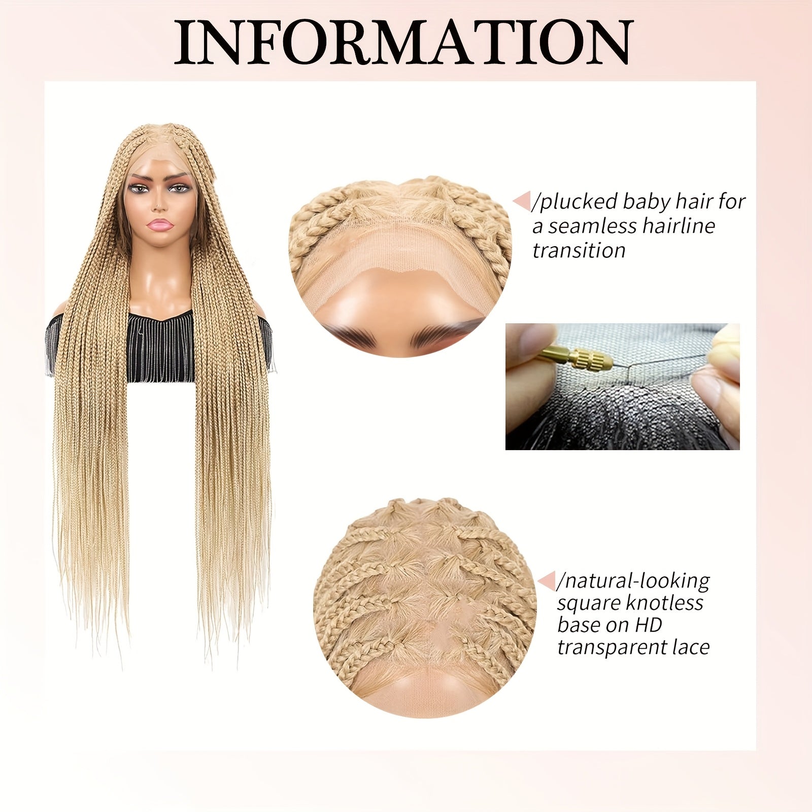 360°HD Full Lace Square Knotless Braided Wigs For Women 36 Inch Box Braid Wig With Baby Hair Blended Braided Lace Front Wig Honey Blonde With Light Blonde Ends Hand Braid Wigs